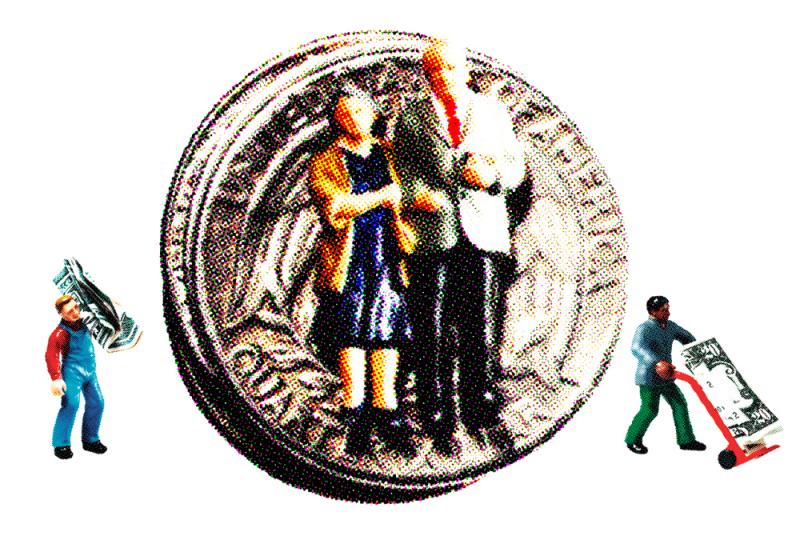 A picture of a well-dressed heterosexual couple as tiny figurines, standing in front of a large quarter. Smaller figurines of a white man carrying a dollar bill, and a black man carting around a dollar bill, are in the lower left and right corners.
