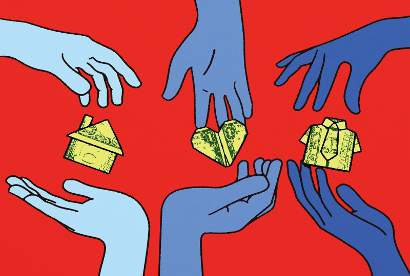 an illustration of hands in various shades of blue passing origami made out of dollar bills to each other, on a red background. The origami is in the shape of a house, a heart, and a shirt. 