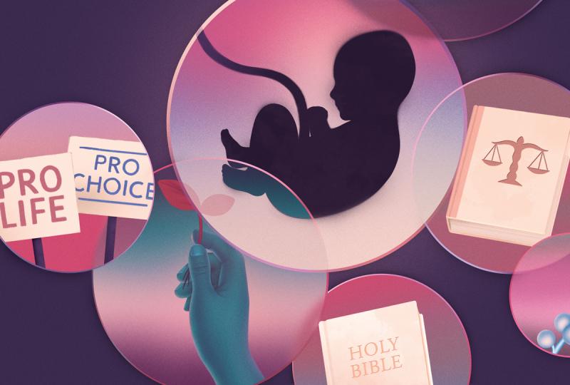 An illustration of pink bubbles on a purple backdrop with various things in them, such as a baby in utero, pro-life and pro-choice signs, a Bible, a law book, and a hand holding a sprout.