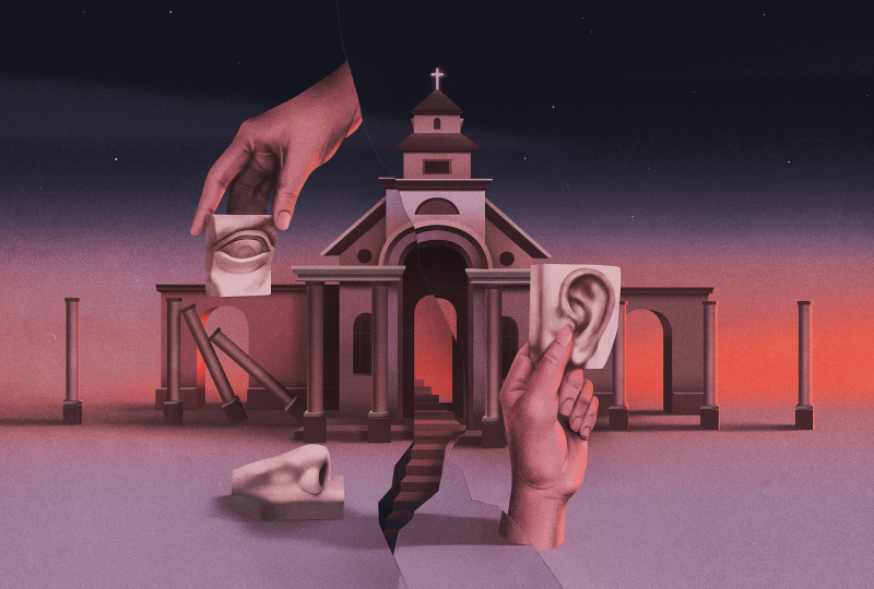 Abstract illustrations of ears, hands, and a church building in a sinister red.