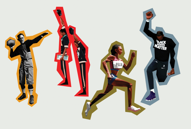 The illustration shows five Black athletes in history, designed in a blocky/collage style and surrounded in a colorful thick outline. 