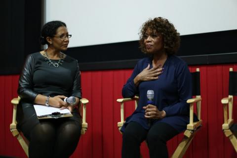 Sojourners Lisa Sharon Harper speaks with the film's star Alfre Woodard after screening. Brandon Hook / Sojourners Brandon Hook / Sojourners