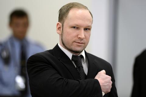 Anders Behring Breivik places a clenched fist on his heart as he arrives in central court in Oslo. ODD ANDERSEN/AFP/Getty Images ODD ANDERSEN/AFP/Getty Images
