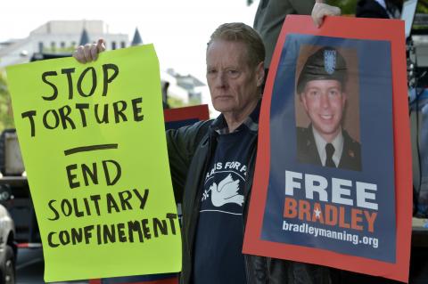 A man holds up posters for alleged Wikileaks perpetrator Bradley Manning outside DOJ. PAUL J. RICHARDS/AFP/Getty Images PAUL J. RICHARDS/AFP/Getty Images