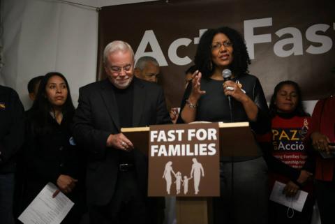 Jim Wallis and Lisa Sharon Harper speaking at the press conference. Photo: Brandon Hook/Sojourners