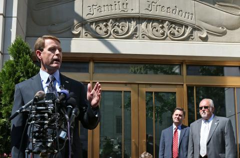 Perkins speaks to reporters outside FRC's headquarters in Washington, D.C. Perkins speaks to reporters outside FRC's headquarters in Washington, D.C.