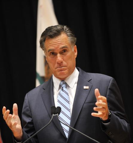 Romney speaks to the press in Costa Mesa, Calif., on Tuesday. Romney speaks to the press in Costa Mesa, Calif., on Tuesday.