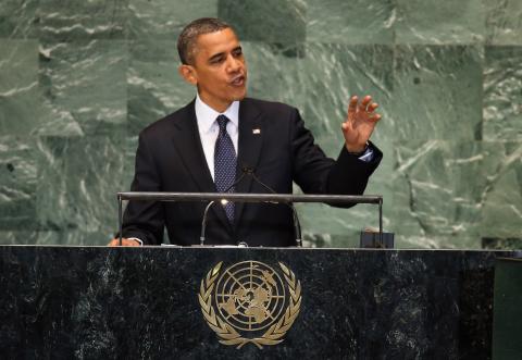 U.S. President Barack Obama addresses the UN General Assembly on Sept. 25. Photo by John Moore/Getty Images Photo by John Moore/Getty Images