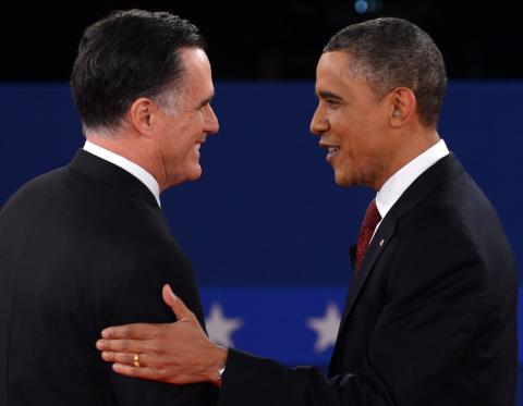 Mitt Romney and Barack Obama greet each other at the 2nd presidential debate at Hofstra University. SAUL LOEB/AFP/Getty Images SAUL LOEB/AFP/Getty Images