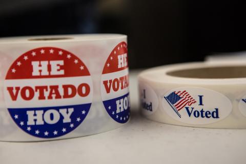 Stickers in English and Spanish at the Martin Luther King, Jr. Memorial Library in D.C. Tuesday. Brendan Hoffman, Getty Images Brendan Hoffman, Getty Images