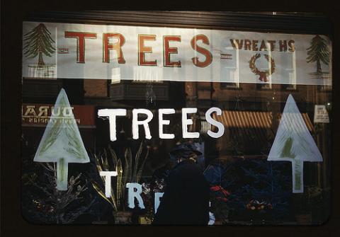 Trees and wreaths on display in a shop, circa 1941. Via Library of Congress http://www.wylio.com/credits/Flickr/2179177496 Trees and wreaths on display, circa 1941. Image via LOC http://bit.ly/u30Iyk