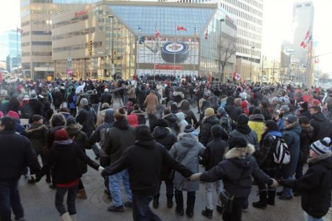 Round dance, Winnipeg, Manitoba, Canada, Dec. 31. Photo by Kathy Moorhead Thiessen Photo by Kathy Moorhead Thiessen