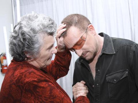 Sister Joan blessing Sojo friend, Bono, at the '08 Women's Conference in California. Photo by Gold Wong/FilmMagic)/Getty. Sister Joan and Bono, 2008. Photo by Gold Wong/FilmMagic)/Getty.