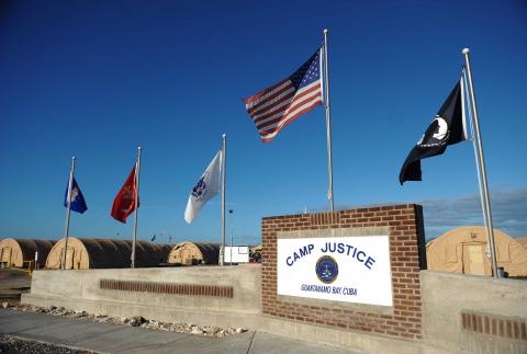 'Camp Justice' sign near the high-tech, high-security courtroom at Guantanamo Bay. Mandel Ngan-Pool/Getty Images Mandel Ngan-Pool/Getty Images