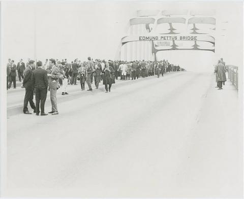 Marchers stopped at Edmund Pettus bridge. Image via Penn State Special Collection/flickr.com Marchers stopped at Edmund Pettus bridge. Image via Penn State Special Collectio
