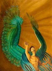 Oil-on-canvas painting of Melek Taus, a peacock deity. Via Jennie Rosenbaum/Flickr.