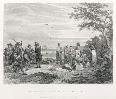 Engraving made in 1847 after Captain Seth Eastman meeting Massasoit, chief of the Wampanoag. Photo by SSPL/Getty Images Photo by SSPL/Getty Images