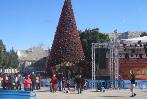 In Manger Square, the Palestinian Authority erected a Nativity scene and Christmas decorations. Michele Chabin/RNS Michele Chabin/RNS