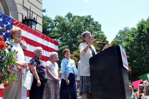 Sr. Simone Campbell and other 'Nuns on the Bus' greet rally attendees in D.C., last year. Sandi Villarreal / Sojourners Sandi Villarreal / Sojourners