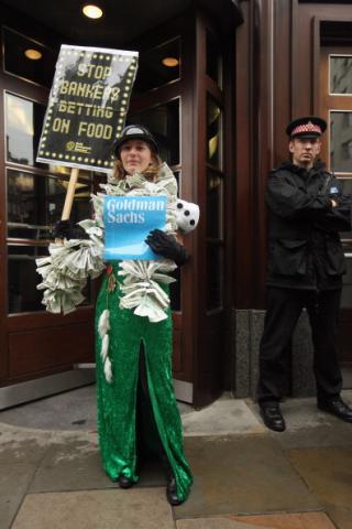 Protester at an anti-poverty demonstration outside GS's London offices, October 2012. Photo by Oli Scarff/Getty Images Photo by Oli Scarff/Getty Images