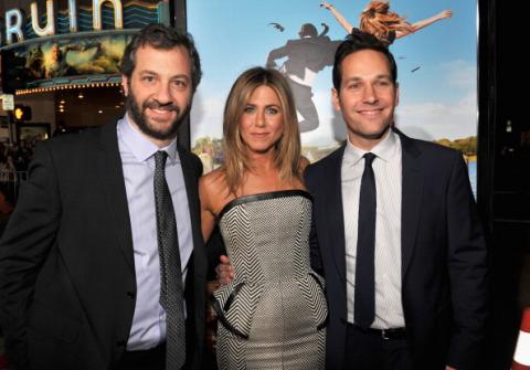 Producer Judd Apatow, Jennifer Aniston and Paul Rudd arrive at the L.A. Wanderlust premiere. (Photo by Lester Cohen/WireImage) (Photo by Lester Cohen/WireImage)