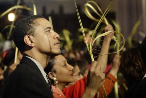 Obama pictured at Palm Sunday mass in Chicago where Archbishop Desmond Tutu spoke, April 4, 2004. (Scott Olson/Getty Images) Obama at an April 4, 2004 Palm Sunday mass in Chicago. Via Getty Images.