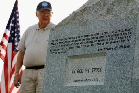 Ten Commandments monument removed from the Alabama Judicial Building displayed in Texas. Photo by Mario Villafuerte/Getty Images Photo by Mario Villafuerte/Getty Images