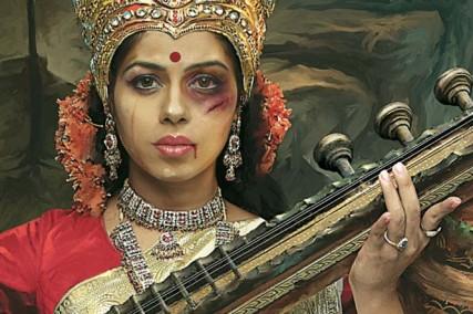 Goddess Saraswati with a bruised face. Photo via RNS/Hindustantimes