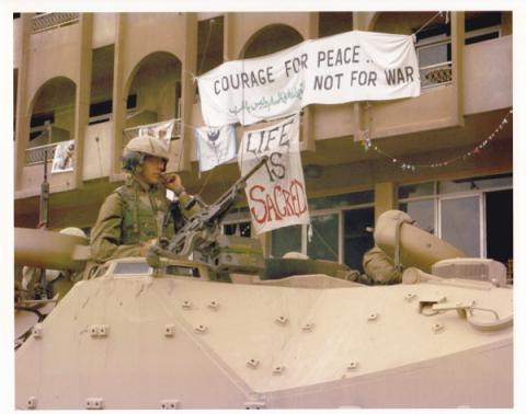 U.S. Marines occupy Baghdad, in March 2003, in front of the Al Fanar hotel. Photo courtesy Kathy Kelly. Photo courtesy Kathy Kelly.