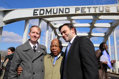 Nate Powell (l), Congressman John Lewis, and Andrew Aydin on the Edmund Pettus Bridge in Selma. Sandi Villarreal / Sojourners Sandi Villarreal / Sojourners