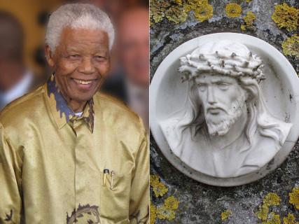 Mandela photo, left, courtesy www.sagoodnews.co.za, Jesus statue, right, court. Onderwijsgek. Both via Wikimedia Commons/RNS