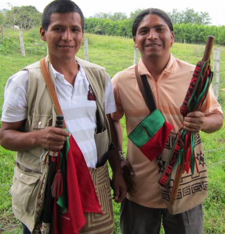 Activists Manuel and German, members of the Indigenous Guard formed by the Nasa ethnic group. Photo by Elizabeth Palmberg. Activists Manuel and German, members of the Indigenous Guard formed by the Nasa