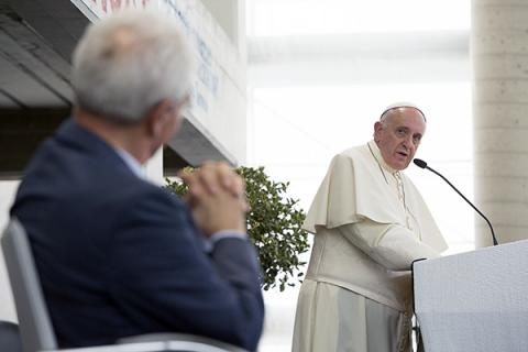 Pope Francis talks with Giovanni Traettino on July 28, 2014. CNS photo/ L'Osservatore Romano via Reuters.