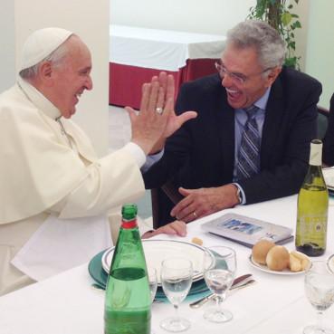 James Robison “high-fives” Pope Francis after his message at the Vatican on June 24. RNS photo via LIFE Outreach International