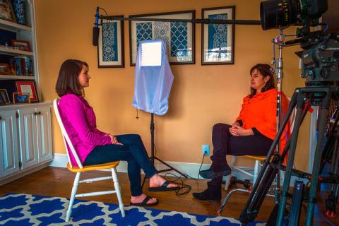 Filmmaker Linda Midgett, right, interviews Meghan Blanton Smith for documentary film “The Stranger.” RNS photo: Brandon Falls