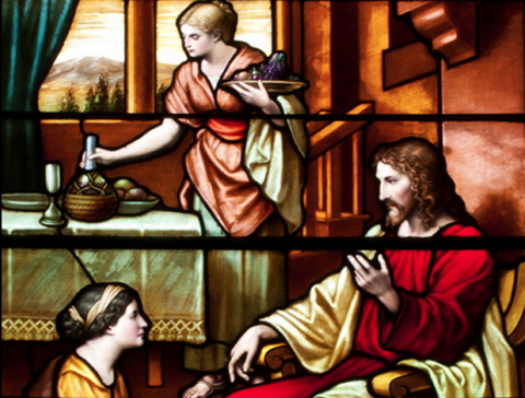 Stained glass of Jesus, Mary, and Martha. Photo courtesy Odyssey Networks. Stained glass of Jesus, Mary, and Martha. Photo courtesy Odyssey Networks.