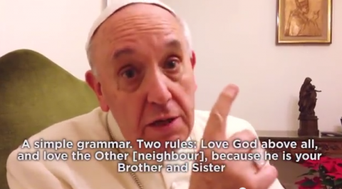 Screen shot of a video of Pope Francis. Via RNS.