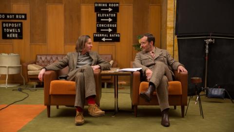 Director Wes Anderson (left) chats with Jude Law (Young Author) on the set of "Grand Budapest Hotel."