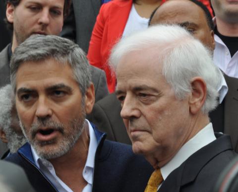 George Clooney and father, Nick, speak at Sudan protest. (Photo by Sandi Villarreal, Sojourners) Photo by Sandi Villarreal, Sojourners