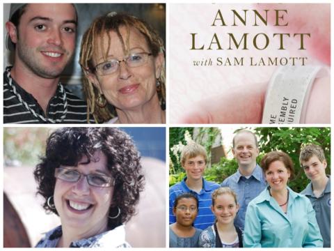 (L-R) Sam and Anne Lamott, the cover of "Some Assembly Required," Michelle Van Loon, and Jennifer Grant and family.