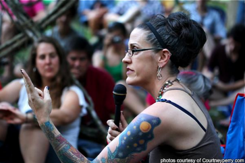 Sojo blogger Nadia Bolz-Weber speaks at the '11 Wild Goose Festival. Photo by Courtneyperry.com/WildGooseFestival.org. Photo by Courtneyperry.com/WildGooseFestival.org.
