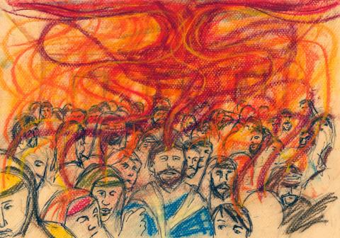 When the day of Pentecost came. Mark A Hewitt, Pastel & pen. 26 May 2012. Via oldtractortinshed.net/?p=591