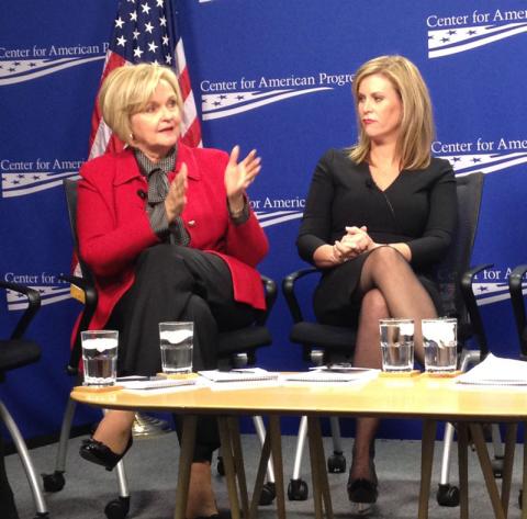 Sen. Claire McCaskill (left) speaks with Stephanie Cutter and others about the women's vote. Sandi Villarreal / Sojourners Sandi Villarreal / Sojourners