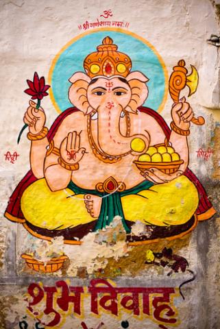 Wall painting depicts the Hindu god Ganesh at the Jaisalmer Fort, Rajasthan, India.