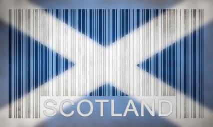Flag of Scotland, painted on barcode surface. Via Shutterstock, by Micha Klootwijk