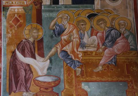 Medieval fresco depicting Washing of feet at Last Supper in Gelati Church near Kutaisi, Georgia. By jorisvo/Shutterstock. By jorisvo/Shutterstock.