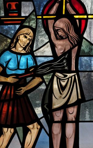 Stained glass window of Jesus scourging, Nancy Bauer / Shutterstock.com Stained glass window of Jesus scourging, Nancy Bauer / Shutterstock.com
