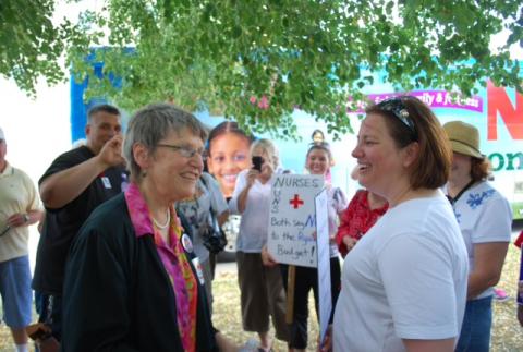 Sr. Simone Campbell greets supporters outside Rep. Paul Ryan's office. Photo by Phil Haslanger Photo by Phil Haslanger