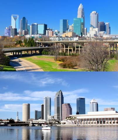 Charlotte, N.C. and Tampa, Fla. skylines. SeanPavonePhoto, Marek Gahura / Shutterstock.com SeanPavonePhoto, Marek Gahura / Shutterstock.com