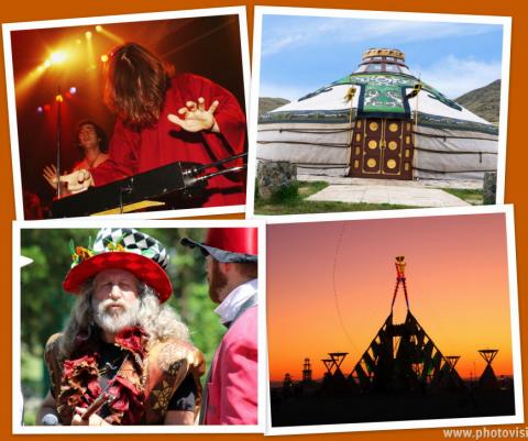 Theremin, Yurt, Holy Fool, Burning Man. Collage by Cathleen Falsani. Theremin, Yurt, Holy Fool, Burning Man. Collage by Cathleen Falsani.